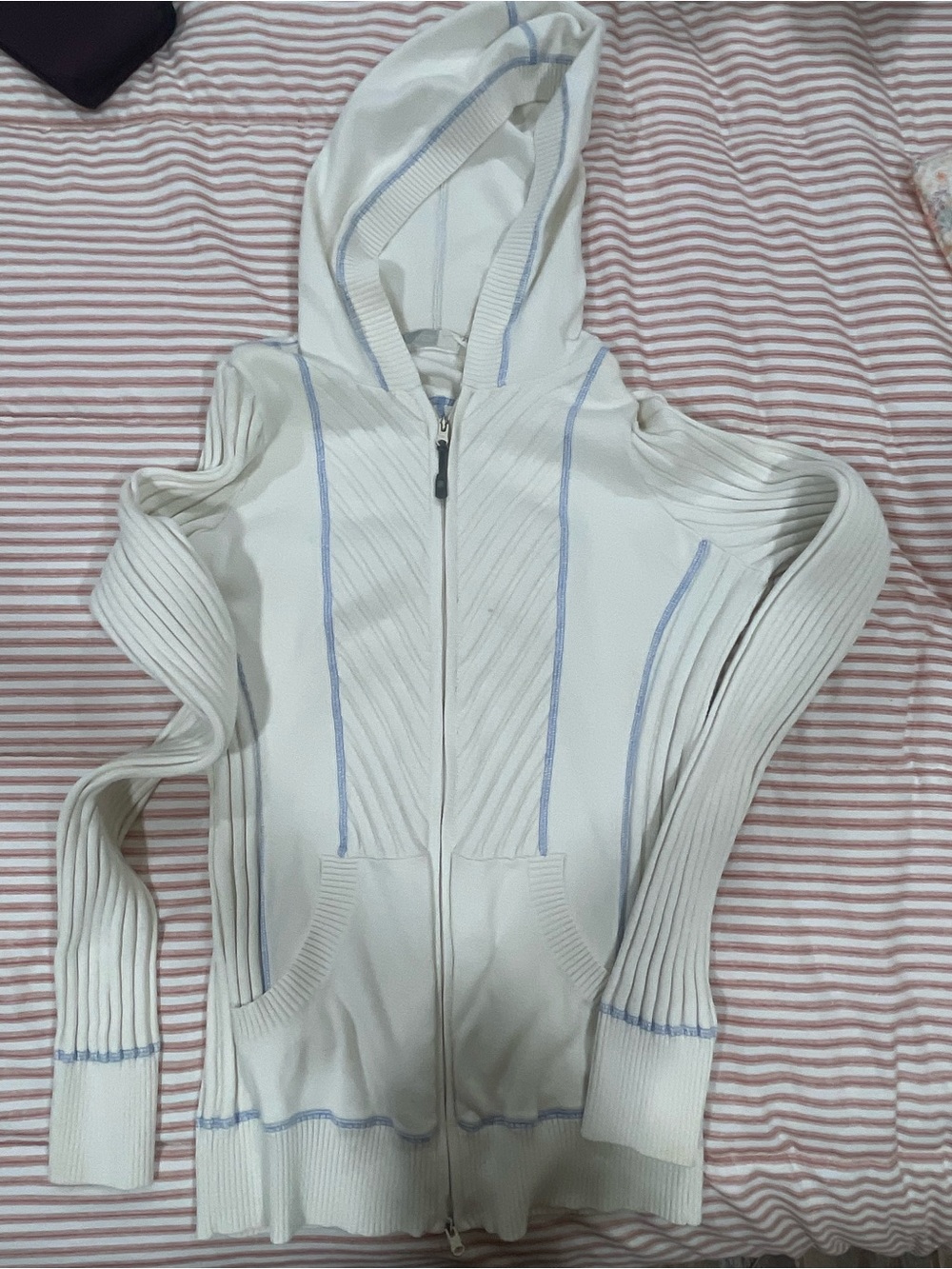 Athleta Ivory Hoodie with Light Blue Trim